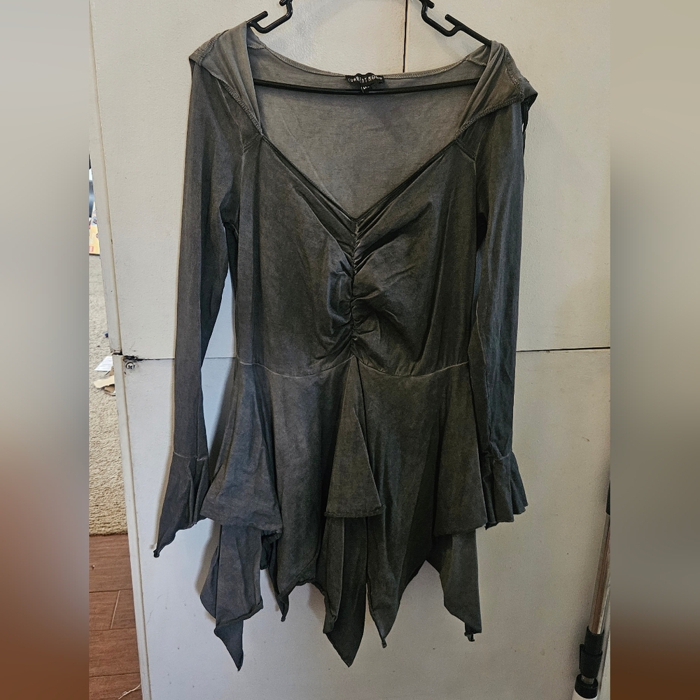 Dolls Kill - Current Mood Women's Charcoal Gray Ruched Dress with hood
